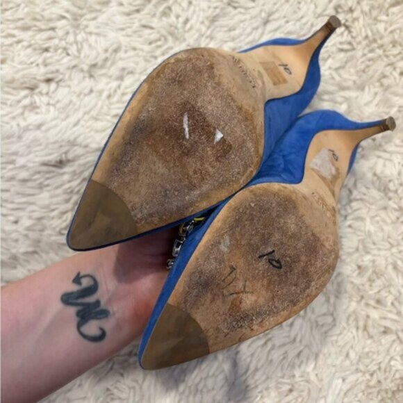 J Crew COLLECTION Dulci Suede Kitten Heels Women’s Size 8 Jeweled Blue Italy - Picture 6 of 16